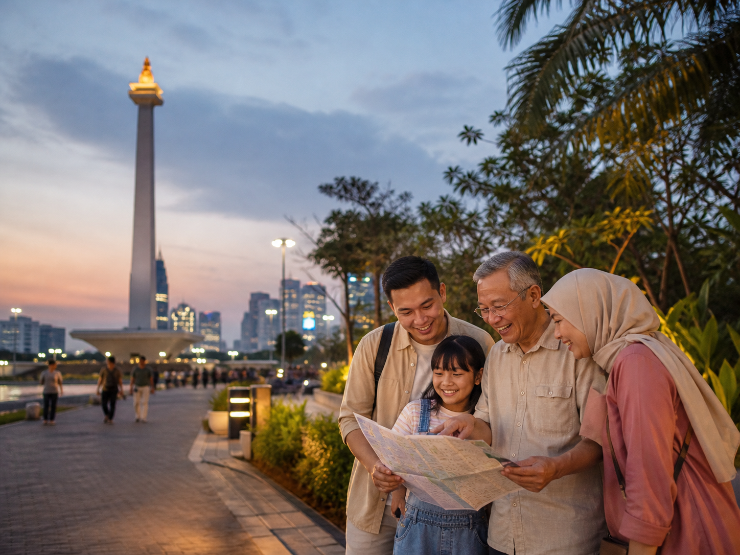Keluarga merencanakan perjalanan di Jakarta